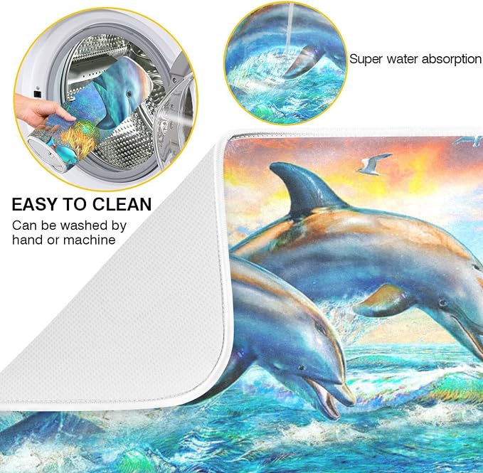 Absorbent Dish Drying Mat for Kitchen Counter - Dolphin Watercolor Summer Microfiber Drying Pad, Reversible Drainer Mats for Countertop, Small 16 x 18 inch