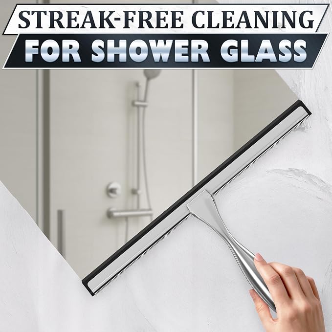 Shower Door Squeegee with Hook, 12" Silicone Blade, Steel (Silver) | Squeegee for Shower Glass with Adhesive Mount; All-Purpose Bathroom Tile, Mirror, & Window Wiper for Streak-Free Cleaning