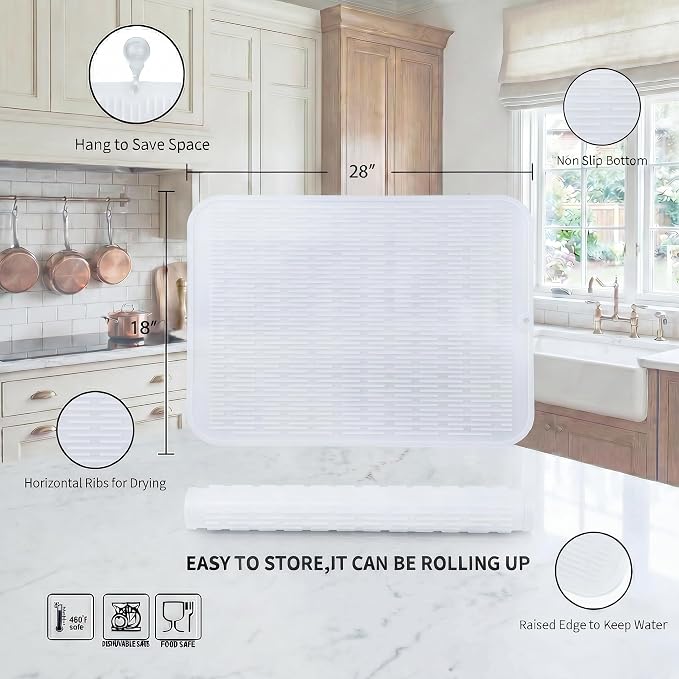 MicoYang Silicone Dish Drying Mat for Multiple Usage,Easy clean,Eco-friendly,Heat-resistant Silicone Mat for Kitchen Counter or Sink,Refrigerator or Drawer Liner Translucent 3XL 28 inches x 18 inches