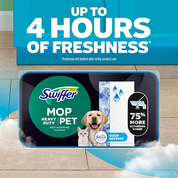 Swiffer Heavy Duty Mop Wet Multi-Surface Cloth Refills for Floor Mopping and Cleaning, Pet with Febreze Odor Defense, 20 count