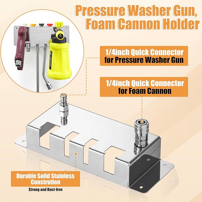 FIXFANS Pressure Washer Foam Cannon Holder, Wall Mounted | Power Washer Gun Storage, 1/4" Quick Connect, Nozzle Tips & Wand Extension Kit Organizer, Car Wash Accessories Rack