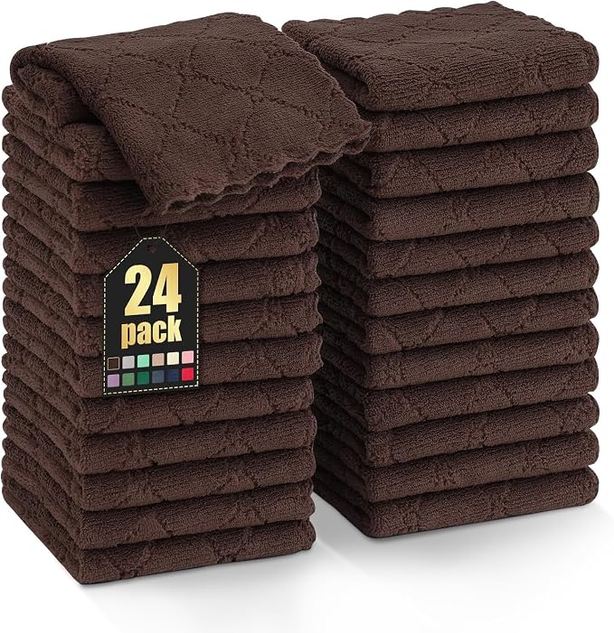 Homaxy 24 Pack Kitchen Dish Cloths (10 x 10 Inches, Brown), Super Soft and Absorbent Coral Velvet Dish Towels, Nonstick Oil Fast Drying Microfiber Cleaning Cloth, No Lint Household Dishcloths
