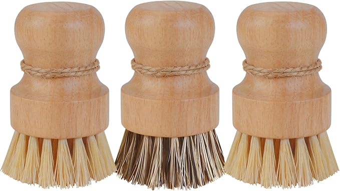Dish Brush Set, Natural Fiber Kitchen Scrubber with Ergonomic Grip, Wooden Handle, 3 Pack