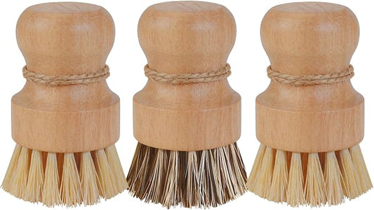 Dish Brush Set, Natural Fiber Kitchen Scrubber with Ergonomic Grip, Wooden Handle, 3 Pack
