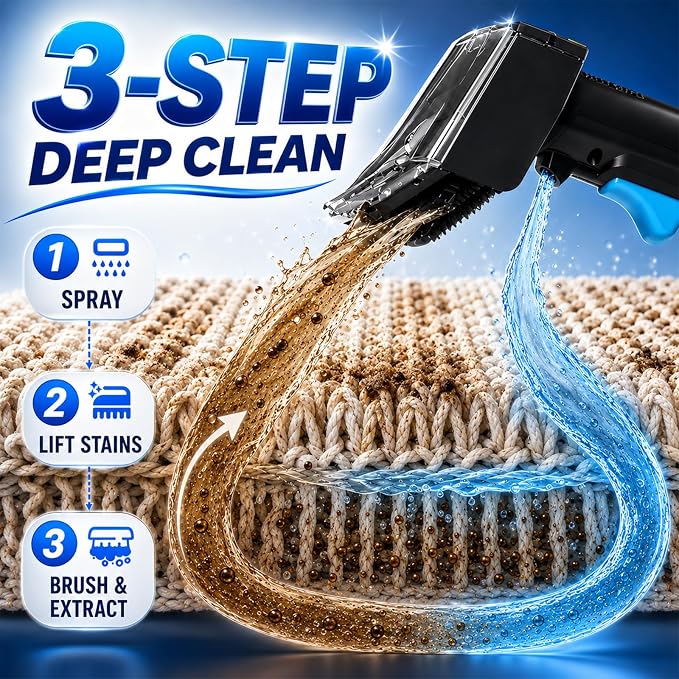 Portable Carpet Upholstery Cleaner for Furniture, Pet Stains, Car Interiors | Powerful Suction, Faster Drying, Deep Stain Removal, Lightweight Design, Large Dual Tanks, Long Hose & Cord, Home & Car Use