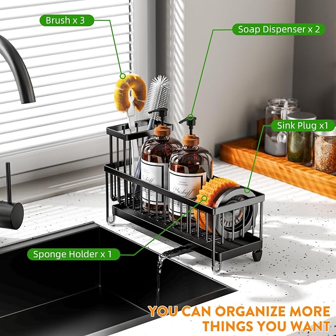 Cisily Sponge Holder for Kitchen Sink, Sink Caddy Organizer with High Brush Holder, Kitchen Countertop Organizers and Storage Essentials, Rustproof 304 Stainless Steel (Large Black, 10.62″)