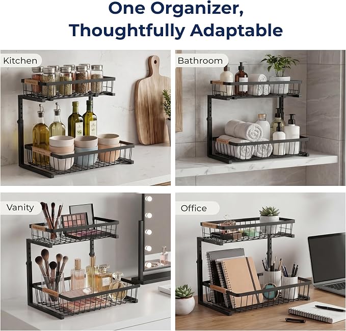 Under Sink Organizer with Motion-Activated LED Lights, 2 Pack, 2 Tier Sliding L-Shaped Carbon Steel Rack with Adjustable Height, Dividers & Hooks (Black)