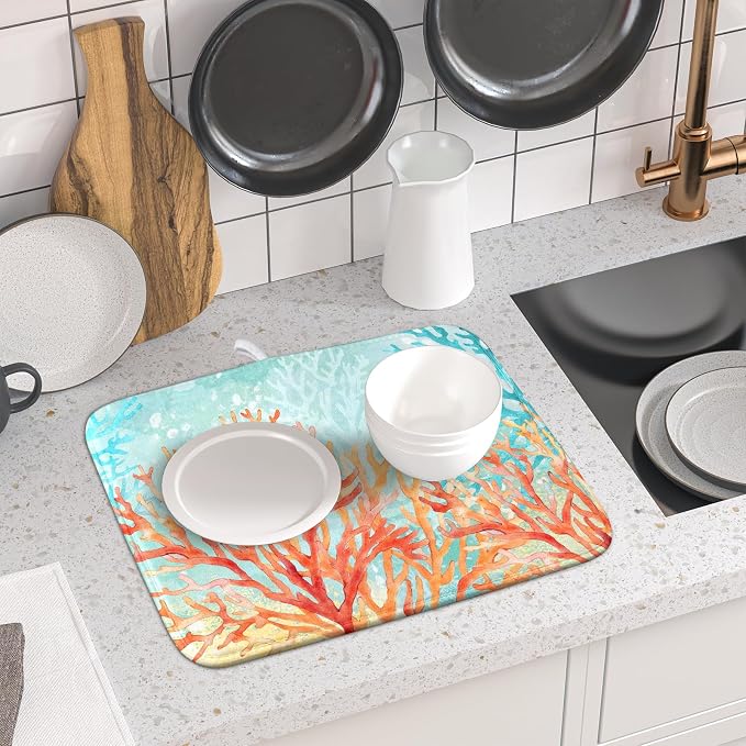Giwawa Coastal Coral Dish Drying Mat Beach Ocean Drainer Rack Mat 16x18 Inch Microfiber Absorbent Reversible Dish Dry Pad for Kitchen Counter Sink