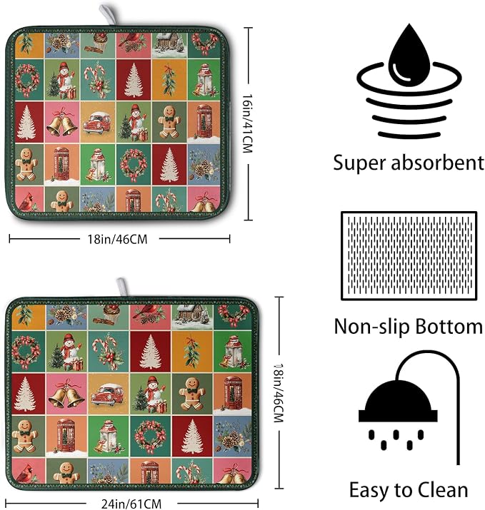 Christmas Dish Drying Mats for Kitchen Counter Cute Xmas Holiday Dish Drainer Pad Microfiber Absorbent Winter Dish Draining Mat Washable Dish Drainer Rack Mat Medium 16x18 Inch