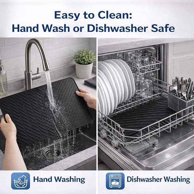 Large Silicone Dish Drying Mat – 23"x17" Sloped Sink Draining Tray with Sponge Holder for Kitchen Counter, Angled Surface for Water Drainage, Silicone Rack Mat with Drain Lip(Black)