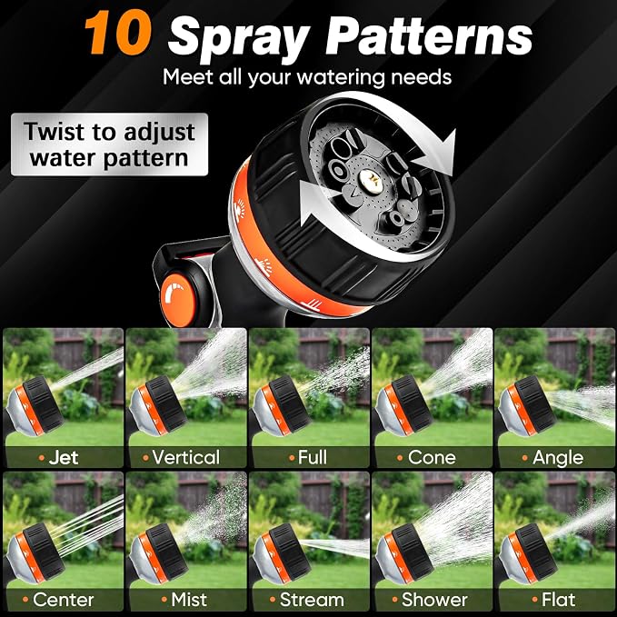BIBURY Garden Hose Nozzle Sprayer, Heavy Duty Metal with 10 Spray Patterns | High Pressure, Thumb Flow Control, On/Off Valve, Leak Proof, Ideal for Watering Plants, Lawns, Car & Pet Washing