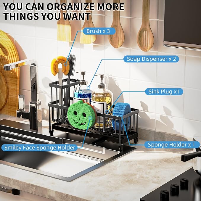 Moforoco Larger Version Sponge Holder for Kitchen Sink, Sink Caddy with High Brush Holder, Kitchen Sink Organizer Countertop Rustproof 304 Stainless Steel (Black with Smiley Face Holder)
