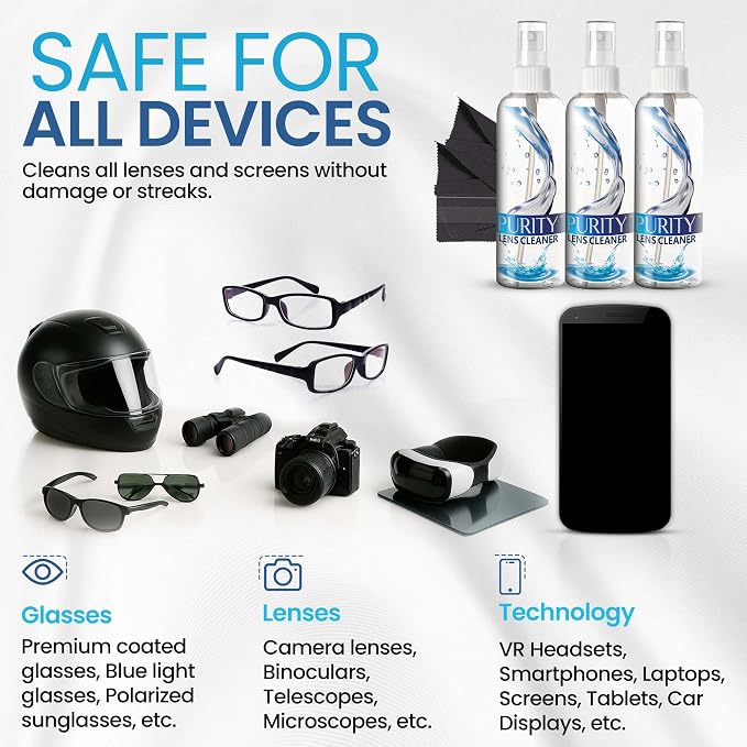 Purity Eyeglass Lens Cleaner Spray Kit - 3 x 8oz Lens Cleaner Spray Bottle + 2 Microfiber Cloth for Cleaning - Safe for All Lenses (AR Coated Included), Eyeglasses and Screens