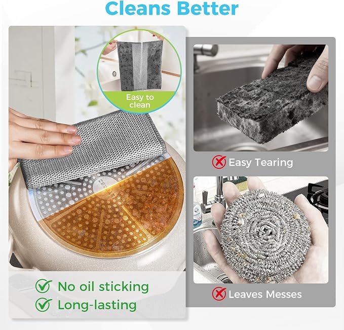 AIDEA Non Scratch Wire Dishcloth 24PK, Upgraded Wire Dishwashing Rag for Kitchen, Dual Sided, Dish Cloths for Washing Dishes, Cleaning Pads Steel Scrubber for Cookware, Sinks, Stove Tops, 7"×8" Grey