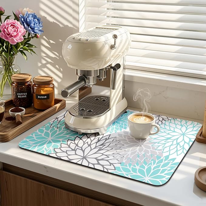 Findosom 2PCS 12" x 20" Dish Drying Mat & 24" x 5.5" Sink Splash Guard, Super Absorbent & Cuttable Dish Mat Drying Kitchen Mat with Teal Floral, Hide Stain Drying Mat for Kitchen Counter