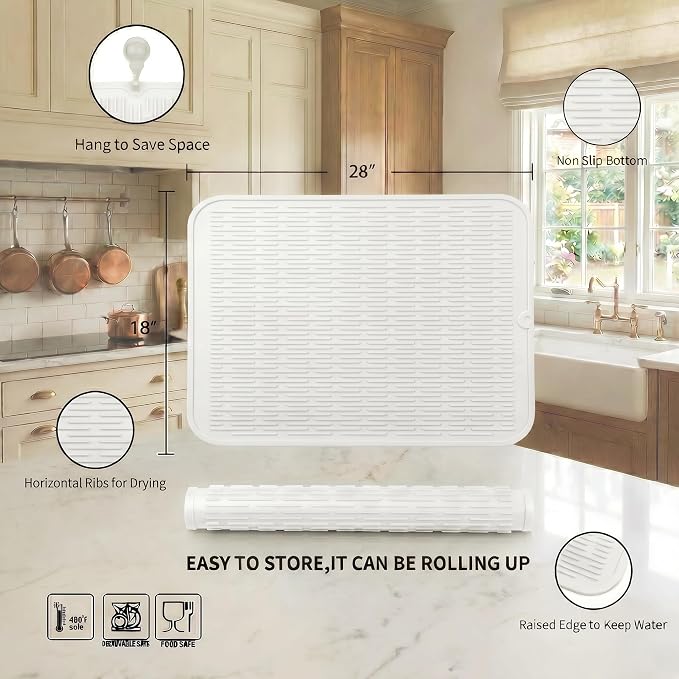 MicoYang Silicone Dish Drying Mat for Multiple Usage,Easy clean,Eco-friendly,Heat-resistant Silicone Mat for Kitchen Counter or Sink,Refrigerator or Drawer Liner White 3XL 28 inches x 18 inches