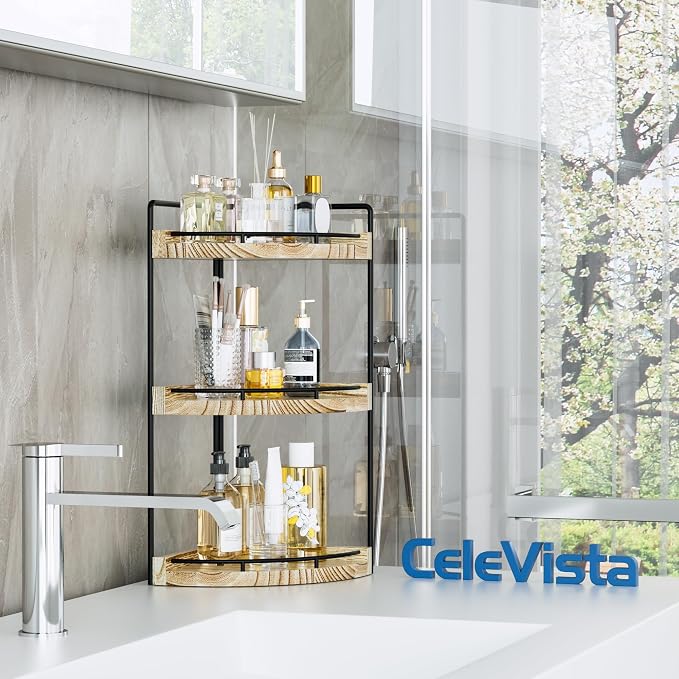 Corner Bathroom Counter Organizer, 3 Tier Bathroom Storage Countertop for Skincare, Sink Shelf for Kitchen Decor, Vanity, Dresser, Makeup, Gift(Rustic Brown)