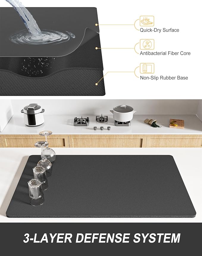 Rnivvi Dish Drying Mat for Kitchen Counter, XL 15 x 24" Super Absorbent Drainer Pad Easy Clean Dish Rack Pad, Non-Slip Heat Resistant Coffee Bar Mats for Coffee Machine Station Accessories Decor, Gray