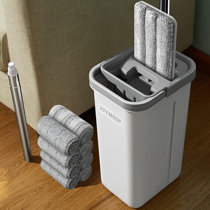 JOYMOOP Flat Mop and Bucket Set, White Microfiber Flat Mop System, Hands-Free Floor Cleaning Kit, 8 Washable Microfiber Pads, Wet and Dry Use, Commercial & Household Floor Cleaning Kit