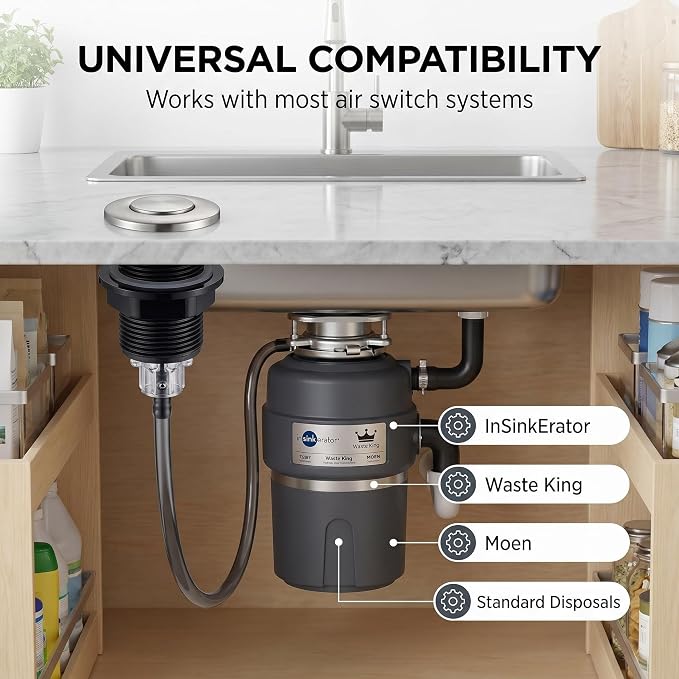 Garbage Disposal Air Switch Button Kit with 5ft Air Hose & Sink Hole Cover, Sink Top Push Button Replacement, Stainless Steel Waterproof Air Activated Switch for Kitchen Disposal, Universal Fit