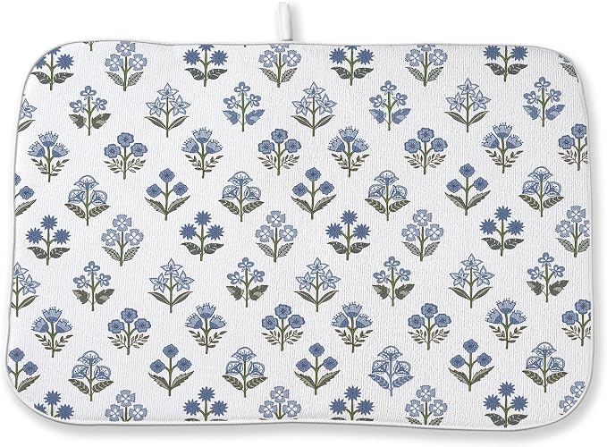 Blue Green Dish Drying Mat 18x24 Inch Vintage Block Print Floral Drying Mat Spring Summer Flower Seasonal Absorbent Dish Drying Pad Dish Rack Drainer Mats for Kitchen Dining Counter
