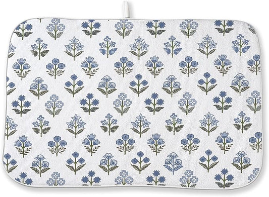 Blue Green Dish Drying Mat 18x24 Inch Vintage Block Print Floral Drying Mat Spring Summer Flower Seasonal Absorbent Dish Drying Pad Dish Rack Drainer Mats for Kitchen Dining Counter