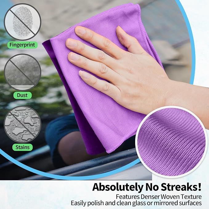 Microfiber Cleaning Cloth - 10 Pack Glasses Cleaning Cloth, 16" x 14" Window Cleaning Rags, Streak Free Lint Free Polishing Cloths Wipes for Eye Glass, Stainless Steel, Windshield, Purple