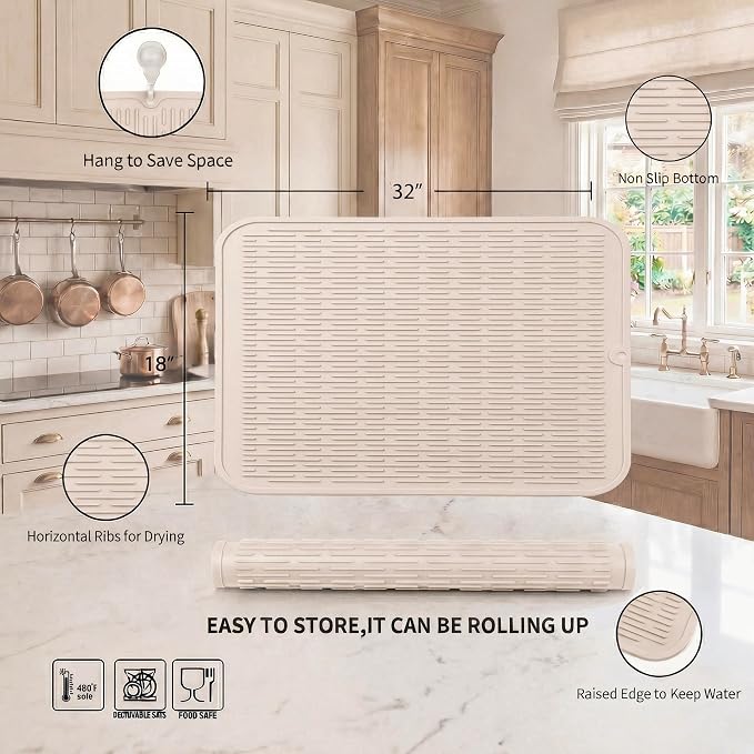 MicoYang Silicone Dish Drying Mat for Multiple Usage,Easy clean,Eco-friendly,Heat-resistant Silicone Mat for Kitchen Counter or Sink,Refrigerator or Drawer Liner Tapioca 4XL 32 inches x 18 inches