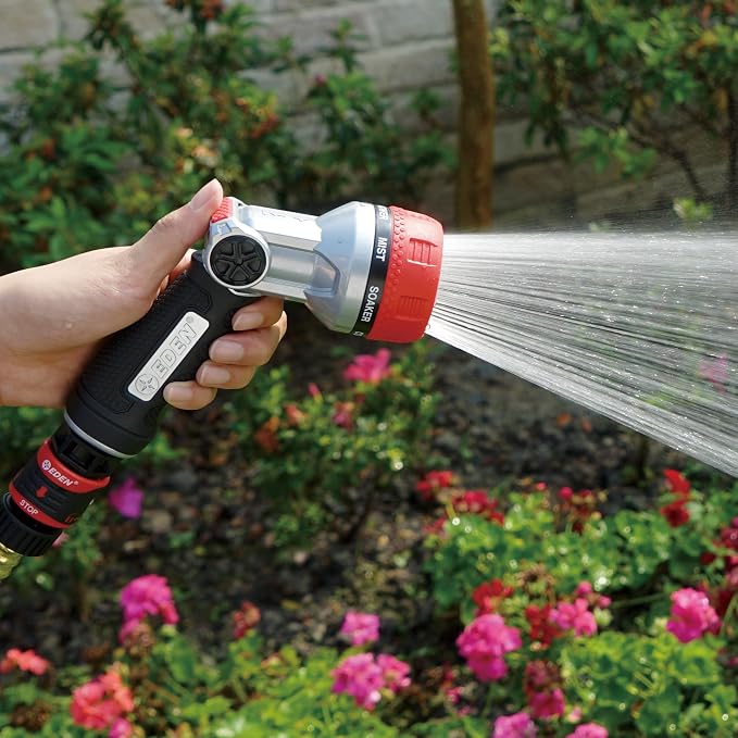 Eden 94805 Metal Thumb Control Heavy Duty Garden Hose Nozzle, High Pressure Water Sprayer W/ 7 Adjustable Patterns, W/Quick Connect Set for Plants, Lawn, Garden