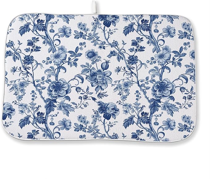 Blue Floral Dish Drying Mat 18 x 24 Inch Vintage Navy Blue Floral Drying Mat for Kitchen Counter Absorbent Spring Summer Flower Dishes Dry Pad for Drainer Rack Kitchen Fast Dry