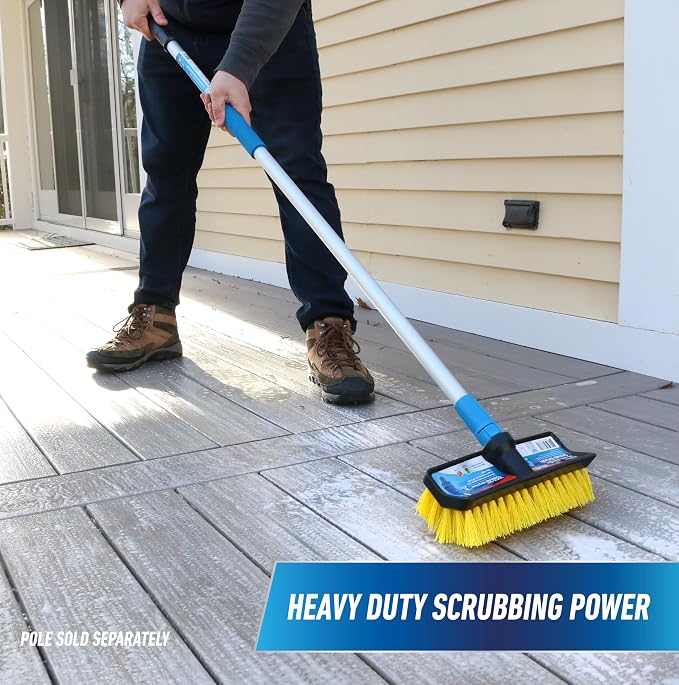Unger Hydropower Lock-On 10" Bi-Level Scrub Brush | Dual-level bristles for deep scrubbing; ideal for garage, driveway, deck, concrete & brick