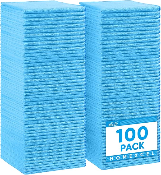HOMEXCEL 100PK Microfiber Cleaning Cloth, Cleaning Rag for Home, 11.5x11.5 | Reusable, Lint Free, Scratch-Free and Highly Absorbent Towels for Kitchen, Window and Glass, Cars, Blue