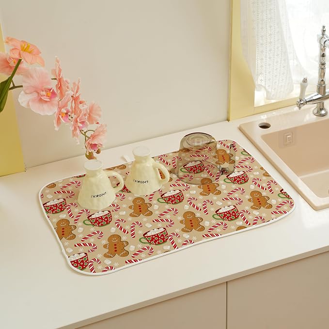 Christmas Drying Mat 18x24 Inches For Kitchen Counter Winter Brown Gingersnap Man Kitchen Decoration Drying Mat Decorative Pad for Kitchen Dining Room Christmas Decoration,Office Decor