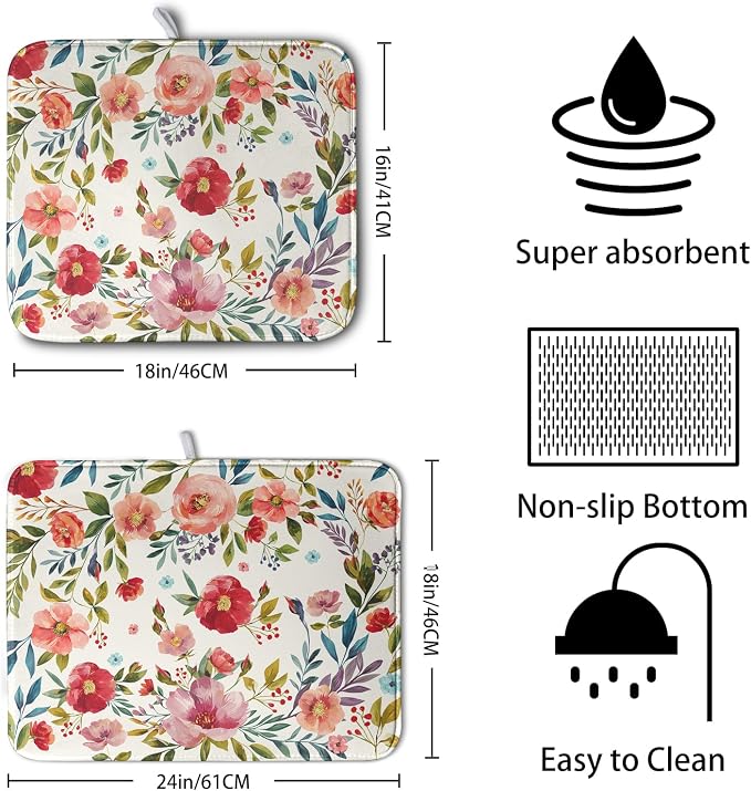 Floral Dish Drying Mat for Kitchen Counter Absorbent Microfiber Dishes Drying Pad Cute Flowers Dish Drainer Rack Mats Washable Coffee Sink Mat 16x18 Inch