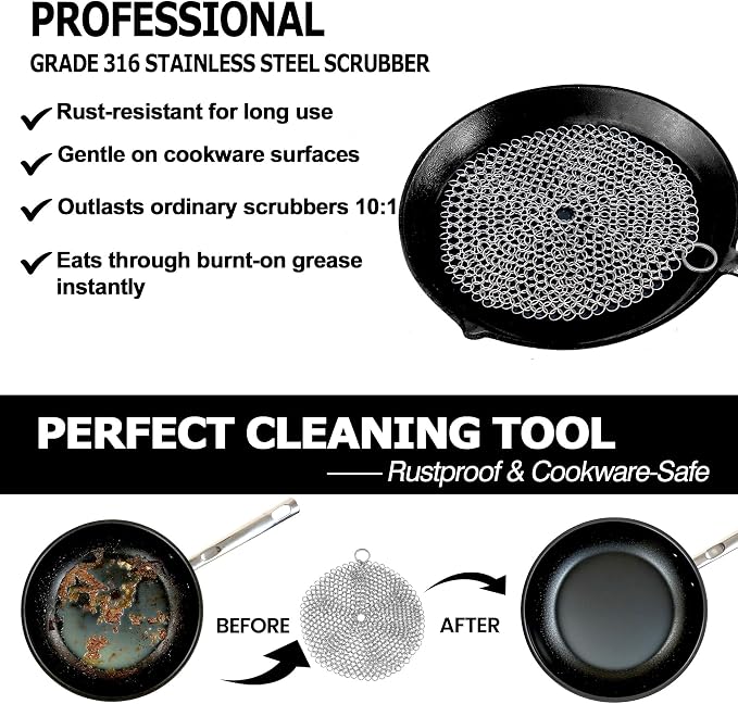 TOPULORS 316L Stainless Steel Cast Iron Scrubber Chaimmail Link 7 in Round | Suitable For Skillets, Griddles, Grills, Pans, And Other Cookware, Remove Stuck-On Food Without Stripping Seasoning