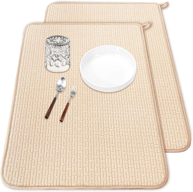 2 Pcs XXL Dish Drying Mats,Absorbent Microfiber Drainer Mat,Large Size 24×17" Pads for Kitchen Counter,Coffee,Rack,Under Sink(Beige)