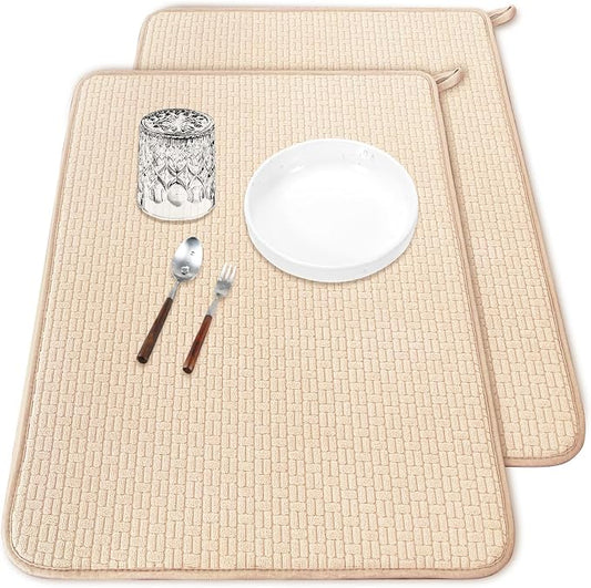 2 Pcs XXL Dish Drying Mats,Absorbent Microfiber Drainer Mat,Large Size 24×17" Pads for Kitchen Counter,Coffee,Rack,Under Sink(Beige)