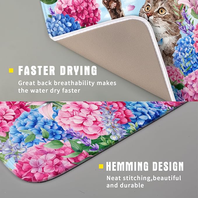 Hydrangea Floral Dish Drying Mat Cute Cat Microfiber Absorbent Dish Drying Pad for Kitchen Counter 16 X 18