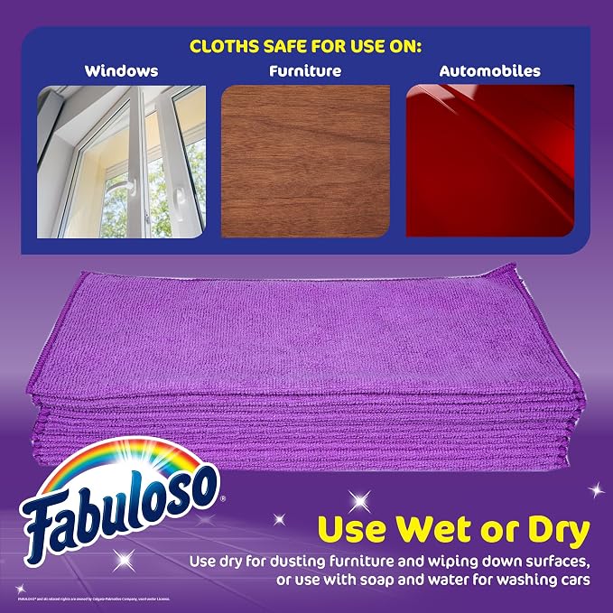 Fabuloso Microfiber Cleaning Cloths for Home & Car, Lint-Free Scratch-Free Rags for Glass, Kitchen & Wood, Reusable Machine Washable, Absorbent for Dusting & Wiping, Purple, 13 x 13 in, 12 Count