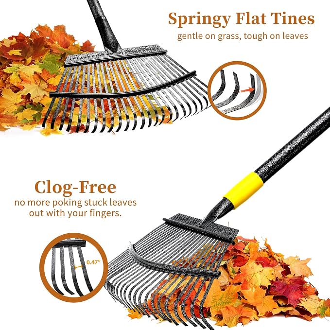 Rake, Gardening Rakes for Leaves Lawns Heavy Duty, 79 in Leaf Rake with 25 Clog-Free Tines, 18.5” Wide Large Head, Metal Garden Tools for Yard Quick Cleanup Garss, Debris, Detachable for Camping