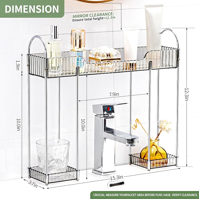 YCIA&DONE Bathroom Countertop Organizer Over The Faucet, Narrow Counter Organizers Above Sink, Table Mounted Faucet Over Sink Shelf for Kitchen, Toilet, Laundry(Smoky Gray)
