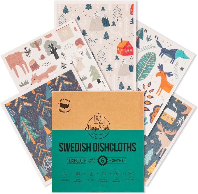 Harps&Seb Swedish Dishcloths for Kitchen Dish Towels - 5 Pack, Non-Scratch Reusable Paper Towels, Super Absorbent Washable Swedish Dish Cloths, No Odor, Biodegradable, Forest Designs