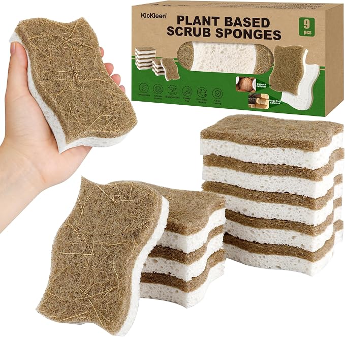 9 Pack Kickleen Biodegradable Natural Kitchen Sponges - Compostable Cellulose and Coconut Walnut Scrubber Sponge - Eco Friendly Sustainable Sponges for Dishes (9 Pack)