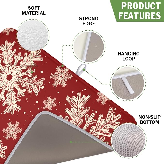 Red Christmas Dish Drying Mat for Kitchen Counter 16x18 Inch | Christmas Snowflake Dish Drainer Mat Rustic Farmhouse Xmas Holiday Absorbent Washable Drying Pad