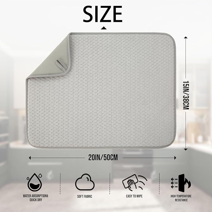 2 Pack Microfiber Dish Drying Mat for Kitchen Counter,Ultra Absorbent Dish Drainer Mat ,Dish Drying Pad , Dish Rack Mat 20×15 Inch (Silver Gray)