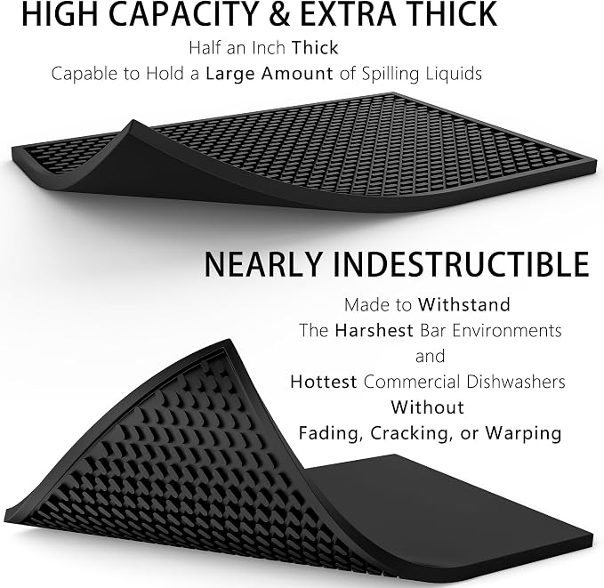 AXIESO 2 Pack Silicone Bar Mat - 1/2 Inch Thick Heat-Resistant and Food Safe Drip Mat - Spill Mats for Counter Top - Kitchen Service Mat, Coffee Bar, Restaurant - Drying Mat - 18 x 12 Inches