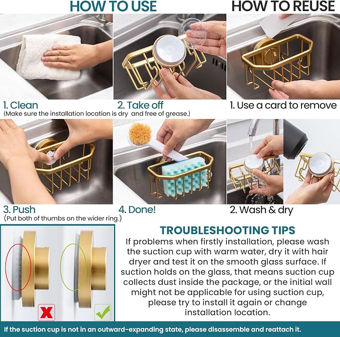TAILI Sponge Holder for Kitchen Sink with Strong Suction Cup, Rustproof Aluminum Sink Caddy for Sponges, Brushes, Stoppers & Scrapers, Gold