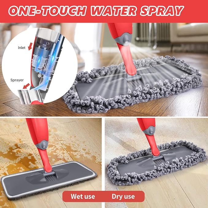 HOMTOYOU Dust Mop for Hardwood Floors: Microfiber Spray Mop for Cleaning | 3 Pcs Washable Reusable Pads, 1Pcs 400+ML Refillable Bottle, 360-Degree Swivel Mop, Red & Gray