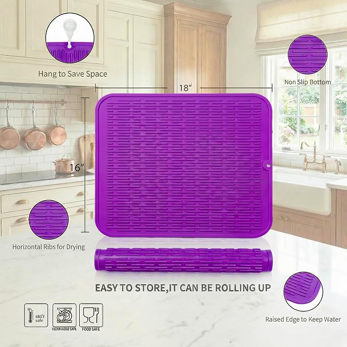 MicoYang Silicone Dish Drying Mat for Multiple Usage,Easy clean,Eco-friendly,Heat-resistant Silicone Mat for Kitchen Counter or Sink,Refrigerator or Drawer Liner Purple XL 18 inches x 16 inches