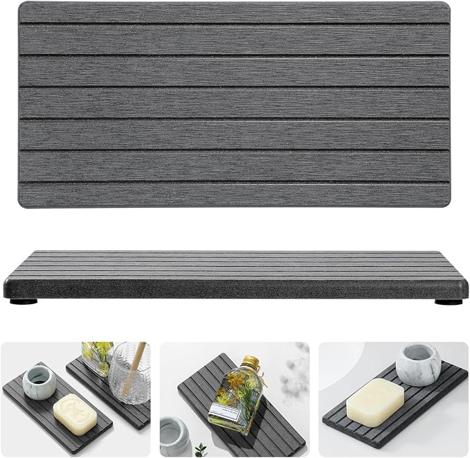Razborci 2PCS Diatomite Water Absorbing Stone Drying Tray Mat for Bathroom & Kitchen Counter, Instant Dry Drink Bar Coaster, Vanity Sink Caddy Organizer, Dish Soap Sponge Holder, Dark Gray, 8"x3.8"